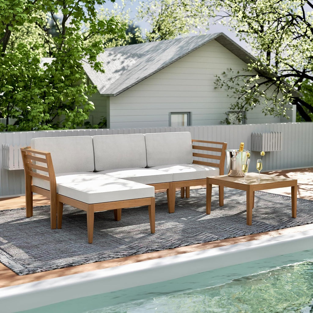 Werph 5-Piece Acacia Wood Patio Sectional Set, L-Shaped Outdoor Sofa Garden Couch with Coffee Table & Removable Cushions for Backyard, Deck, Beige