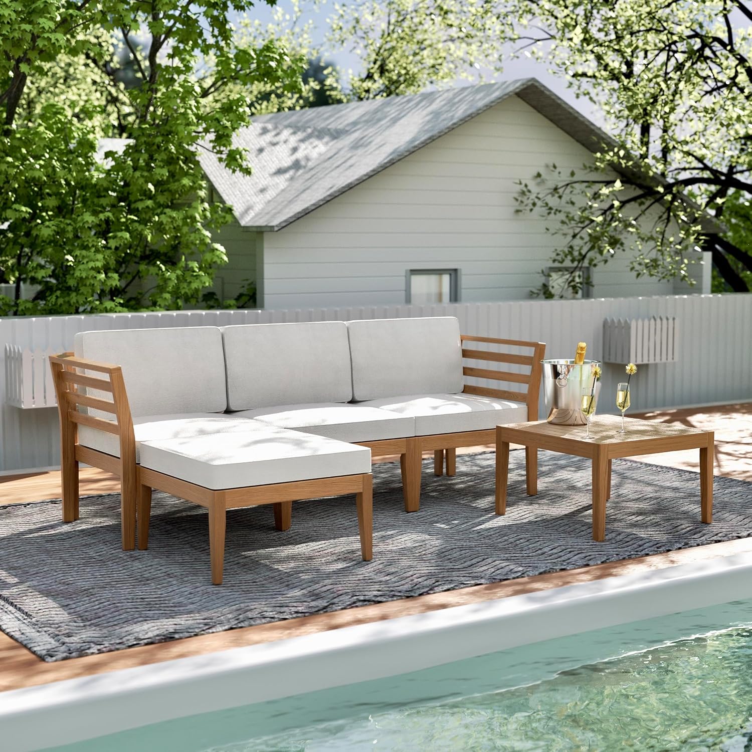 Werph 5-Piece Acacia Wood Patio Sectional Set, L-Shaped Outdoor Sofa Garden Couch with Coffee Table & Removable Cushions for Backyard, Deck, Beige