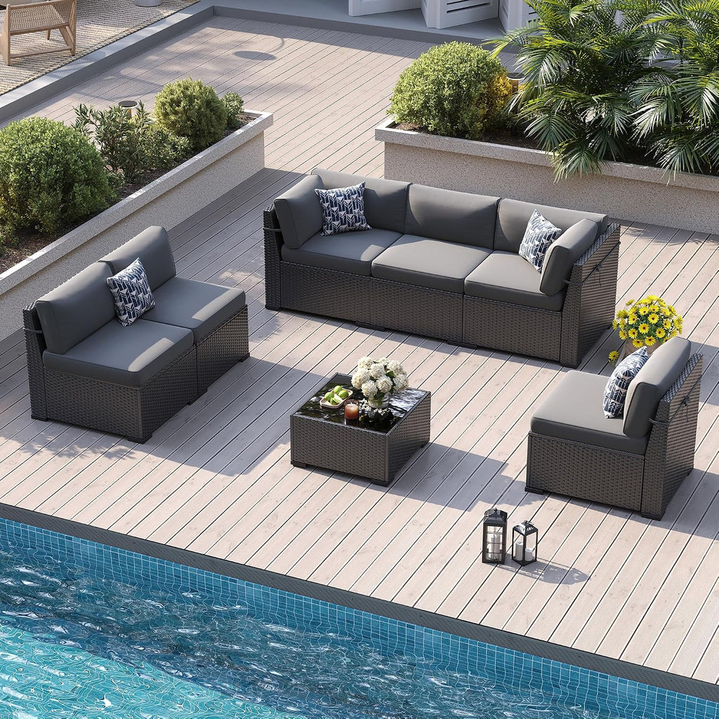 Patio Furniture Sets, 7-Piece Outdoor Patio Furniture with Thick Cushions,Coffee Table Outdoor All-Weather Conversation Set Sectional Sofa for Backyard, Poolside, Garden(Grey)