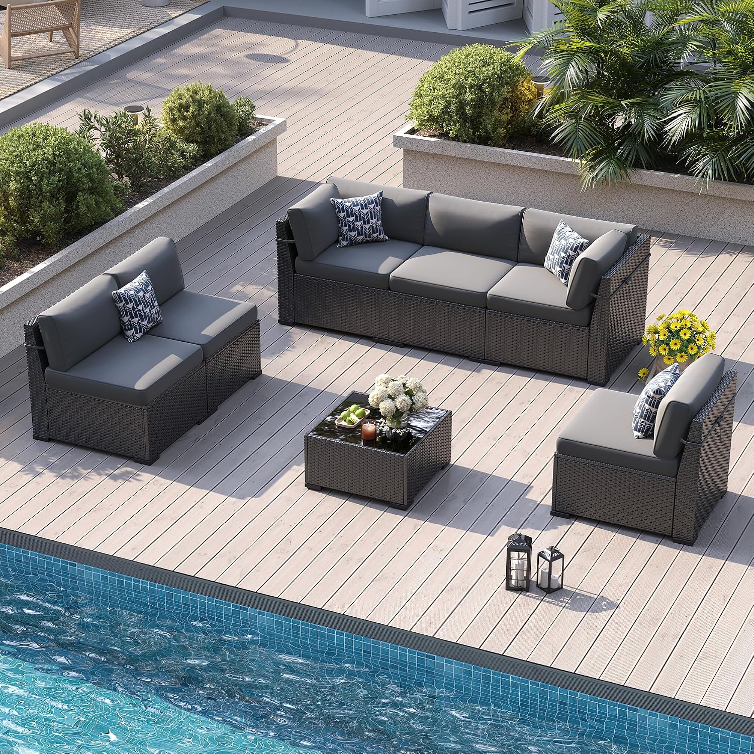 Patio Furniture Sets, 7-Piece Outdoor Patio Furniture with Thick Cushions,Coffee Table Outdoor All-Weather Conversation Set Sectional Sofa for Backyard, Poolside, Garden(Grey)