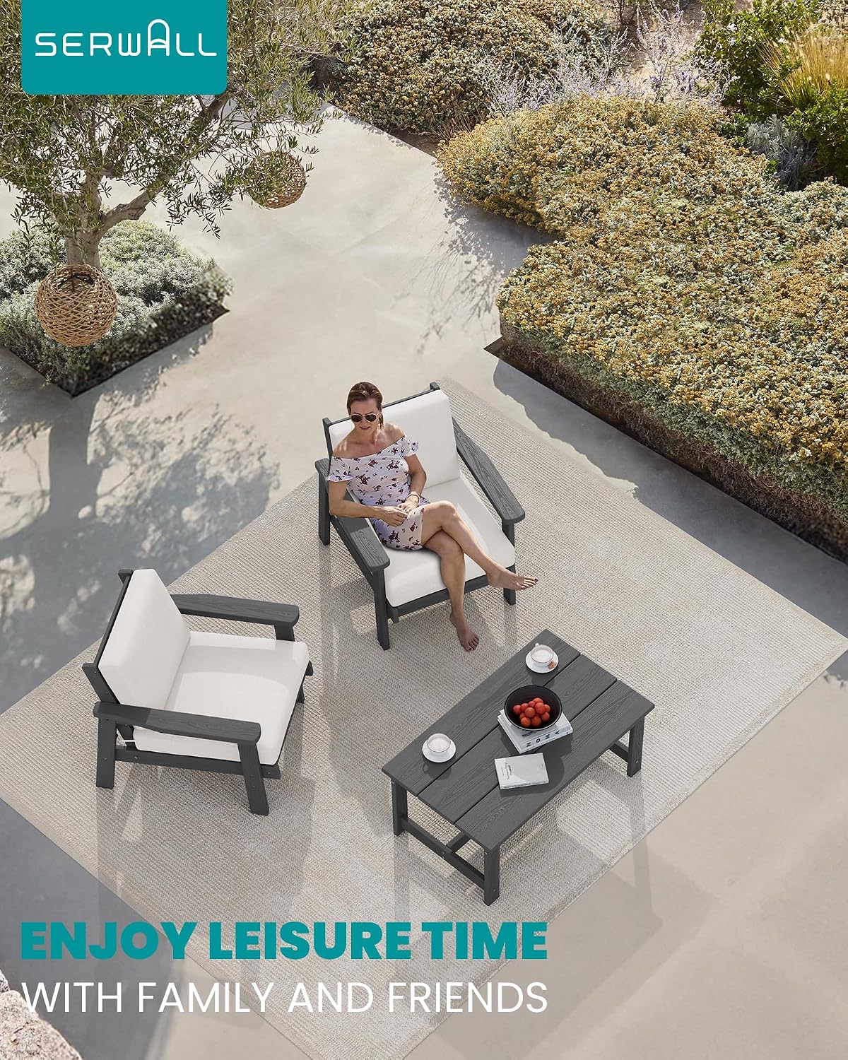 SERWALL HDPE Outdoor Couch Set of 2, All-Weather Wood-Like Patio Furniture Set, Outdoor Sofa Chairs with Khaki Cushions