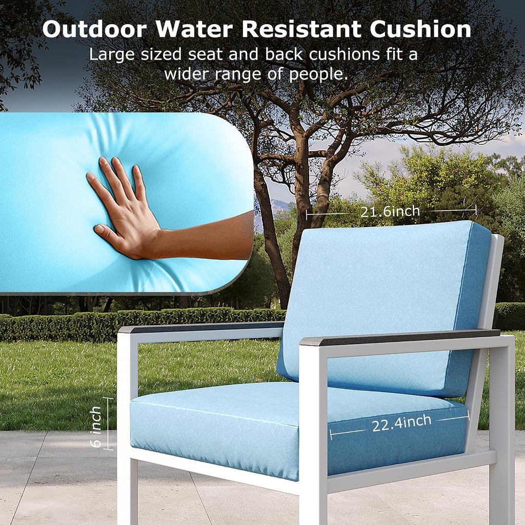 4-Piece Outdoor Patio Furniture Set, Metal Conversation Sofa Set with Deep Cushions & Wood-Like Armrests, Modern Patio Seating with Coffee Table for Garden, Porch, Balcony, Backyard (White)