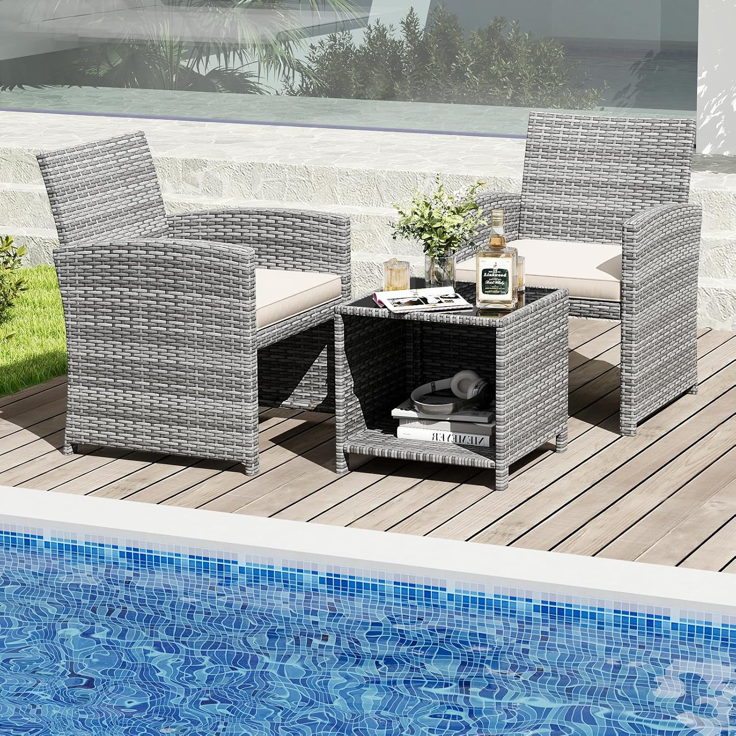 Tangkula 3 Pieces Patio Furniture Set, PE Rattan Outdoor Chairs with Tempered Glass Coffee Table & Soft Seat Cushions, Patio Bistro Set, Outdoor Conversation Set for Porch, Backyard Poolside (White)