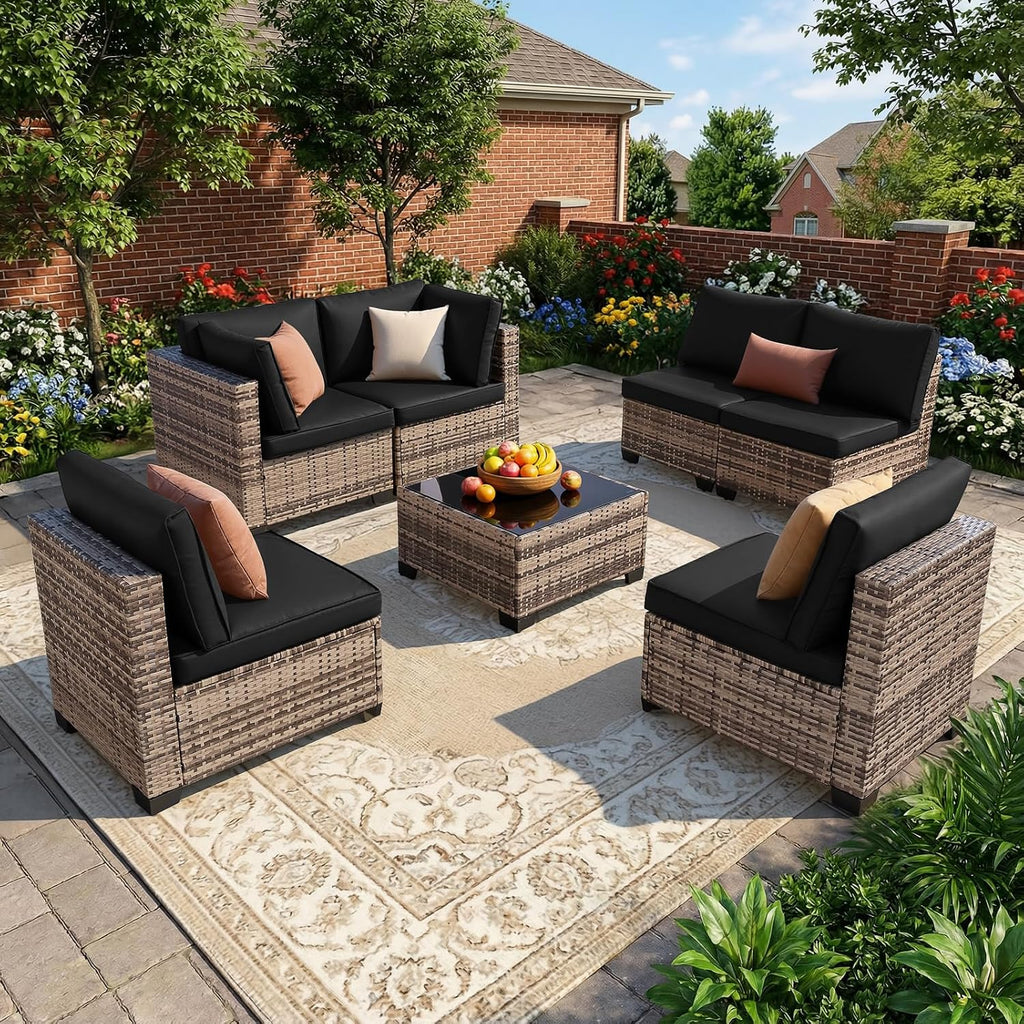 FHFO 7 Piece Outdoor Wicker Patio Furniture Set, Rattan Sectional Sofa Couch, Patio Conversation Set with Cushion & Coffee Table, for Backyard Poolside Porch Garden, Yellow-Black