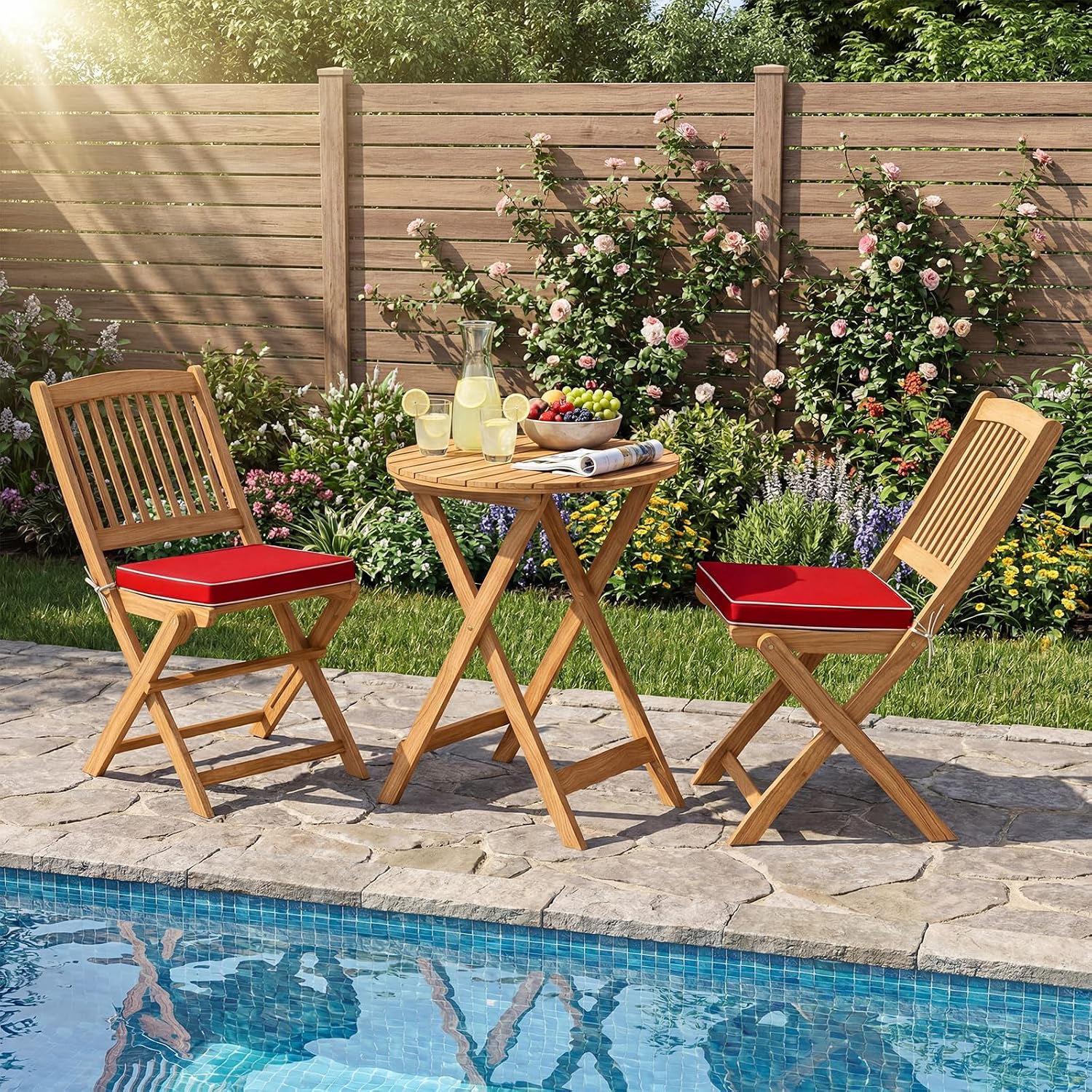 Giantex 3Pcs Patio Bistro Set, Wood Folding Table Set, 2 Cushioned Chairs for Garden Yard, Outdoor Furniture Round Table, Natural & Red