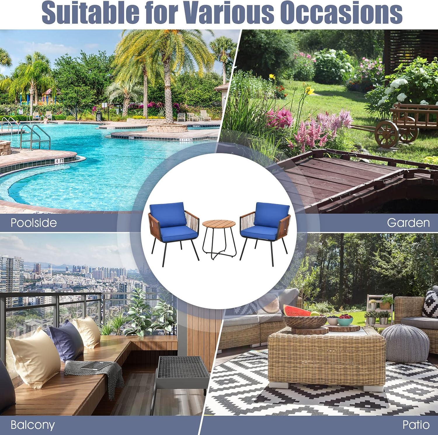 Tangkula 3 Pieces Patio Bistro Set, Outdoor Conversation Chair Set with Coffee Table, Modern Furniture Set with Soft Cushions, Suitable for Porch Backyard Garden Poolside (Navy Blue)