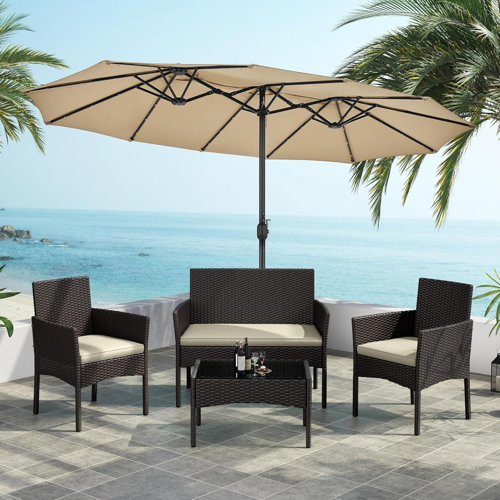 Yaheetech Patio Furniture Set 4 Pieces Conversation Sets, Rattan Chair Wicker Set Loveseat with Soft Cushion and Glass Table for Backyard Porch Garden Poolside Balcony, Brown and Beige