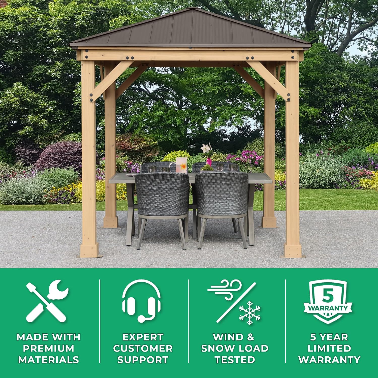 Yardistry 8 x 8 Meridian Cedar Wood Gazebo Pavilion for Patios, Decks, Garden, Backyard, Durable, Aluminum Roof