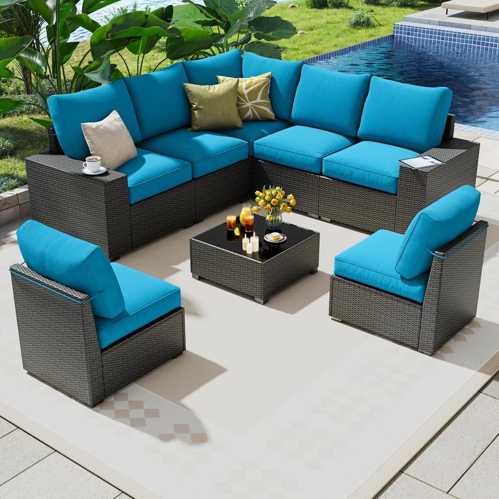 8 Piece Outdoor Patio Furniture Set, Outdoor Sectional Furniture, Rattan & Wicker Modern Modular Conversation Set Sofa Couch W/Water Resistant Washable Thick Cushions and Coffee Table, Peacockblue