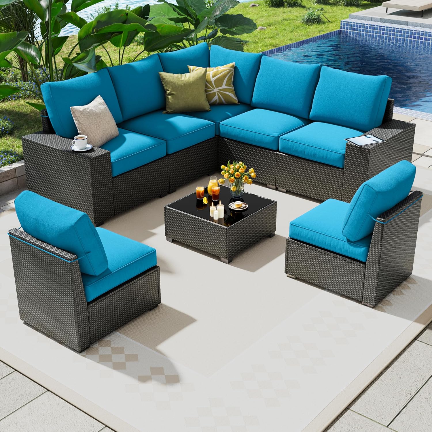 8 Piece Outdoor Patio Furniture Set, Outdoor Sectional Furniture, Rattan & Wicker Modern Modular Conversation Set Sofa Couch W/Water Resistant Washable Thick Cushions and Coffee Table, Peacockblue