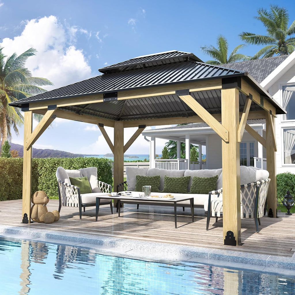 GARTOO 11'x13' Outdoor Wooden Gazebo - Patio Galvanized Steel Gazebo with Double Vented Roof, Heavy-Duty Wooden Gazebos for Garden, Lawn, Poolside, Backyard Deck