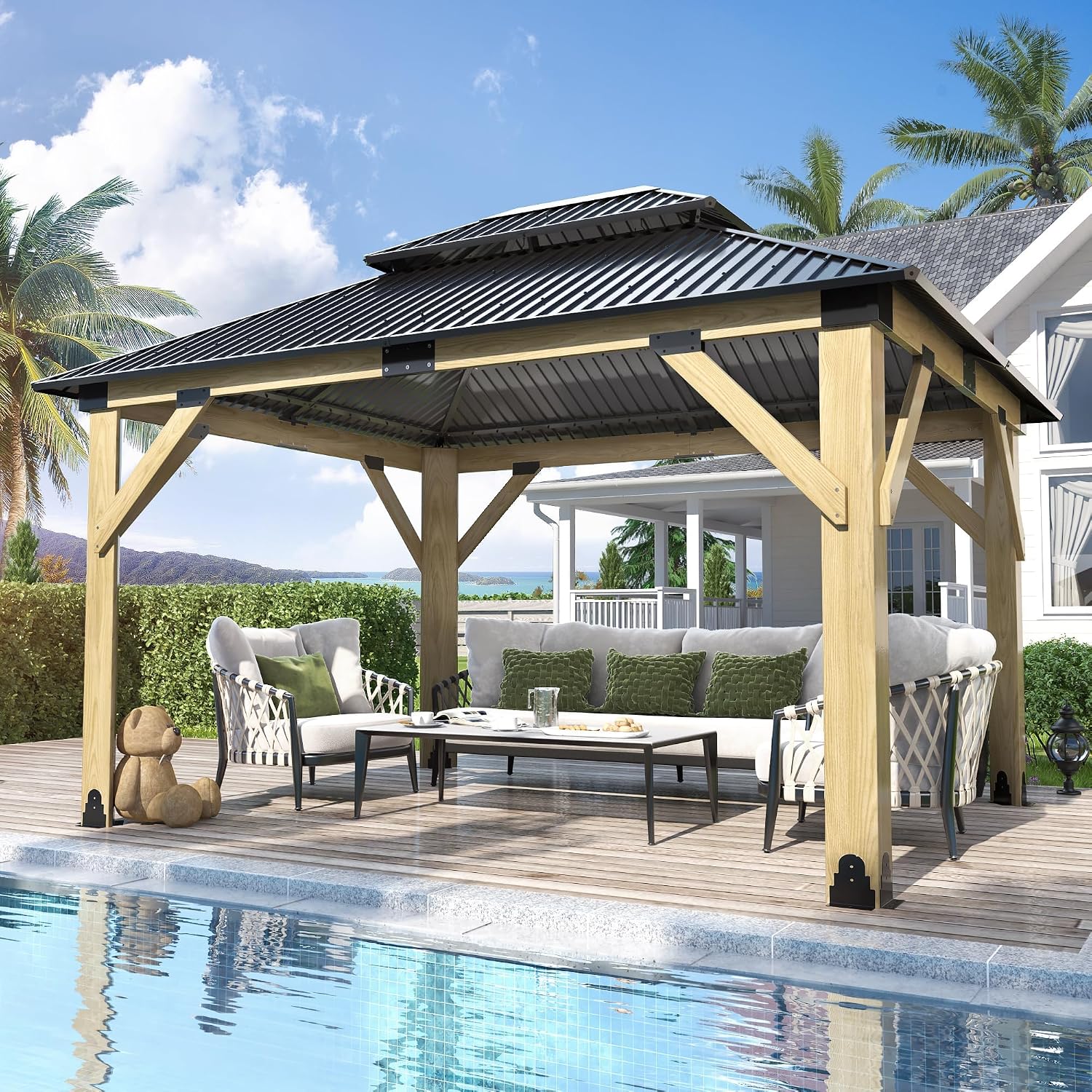 GARTOO 11'x13' Outdoor Wooden Gazebo - Patio Galvanized Steel Gazebo with Double Vented Roof, Heavy-Duty Wooden Gazebos for Garden, Lawn, Poolside, Backyard Deck