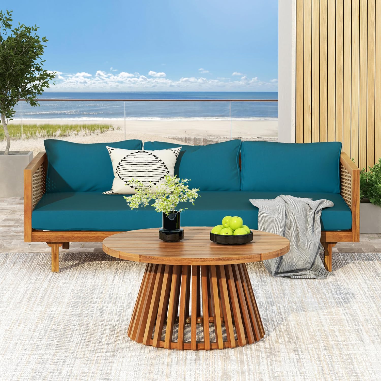 Christopher Knight Home Claremont Patio Sofa and Coffee Table Set, 2 Piece Wicker Patio Furniture Set, Acacia Wood 3 Seater Outdoor Sofa Daybed and Coffee Table Set, Teak+Dark Teal