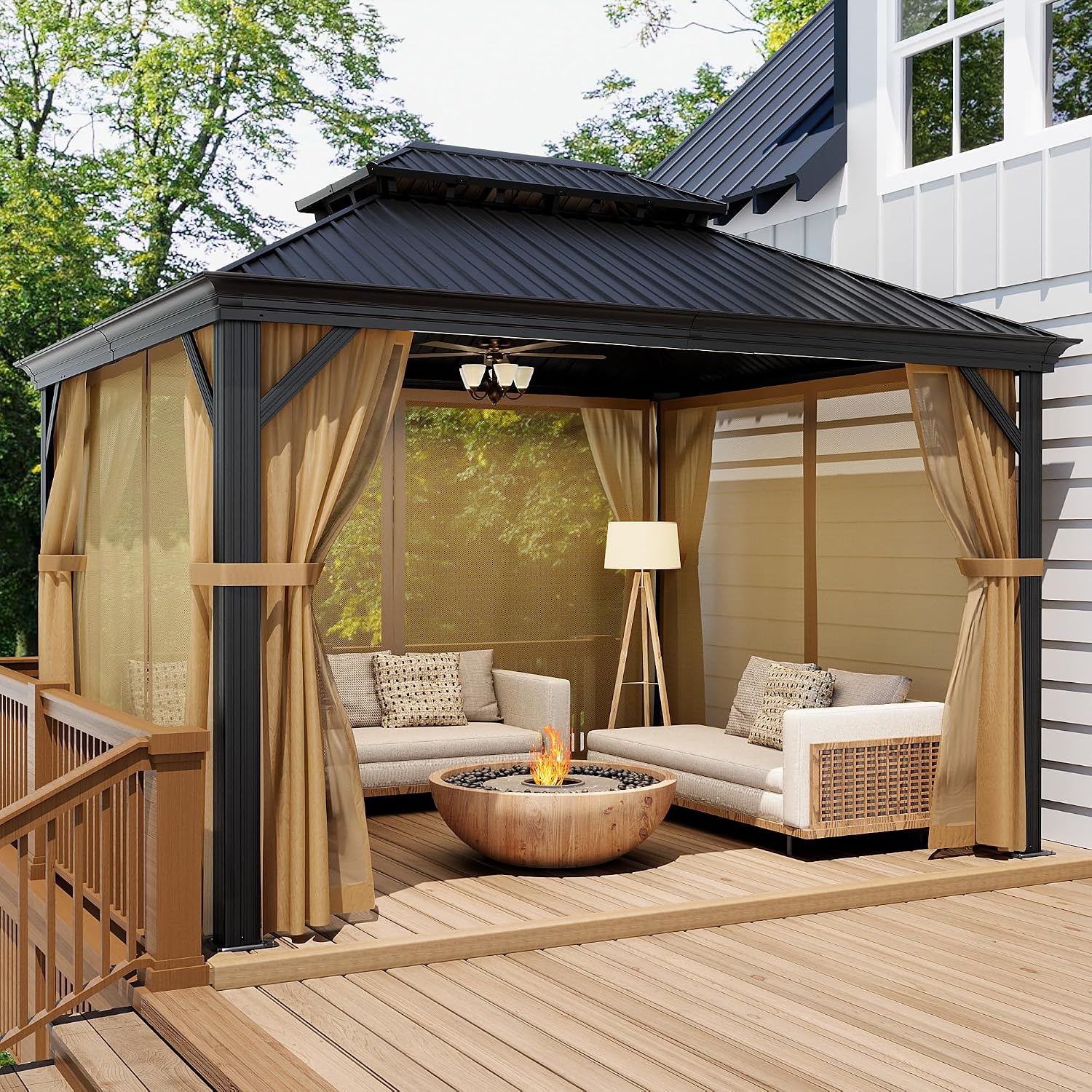 COSIEST 10X12 FT Hardtop Gazebo Rustproof Double Roof Metal Gazebo with Steel Columns & Netting Curtains Poolside,Deck,BBQ Area (Dark Gray)