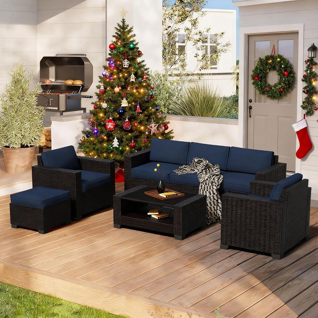 YLGJ&TIDY 7 PCS Outdoor Wicker Furniture Set Sectional Rattan Sofa Couch with Thick Cushions Glass Top Coffee Table Patio Conversation Set for Garden Backyard (Dark Brown Rattan & Dark Blue)