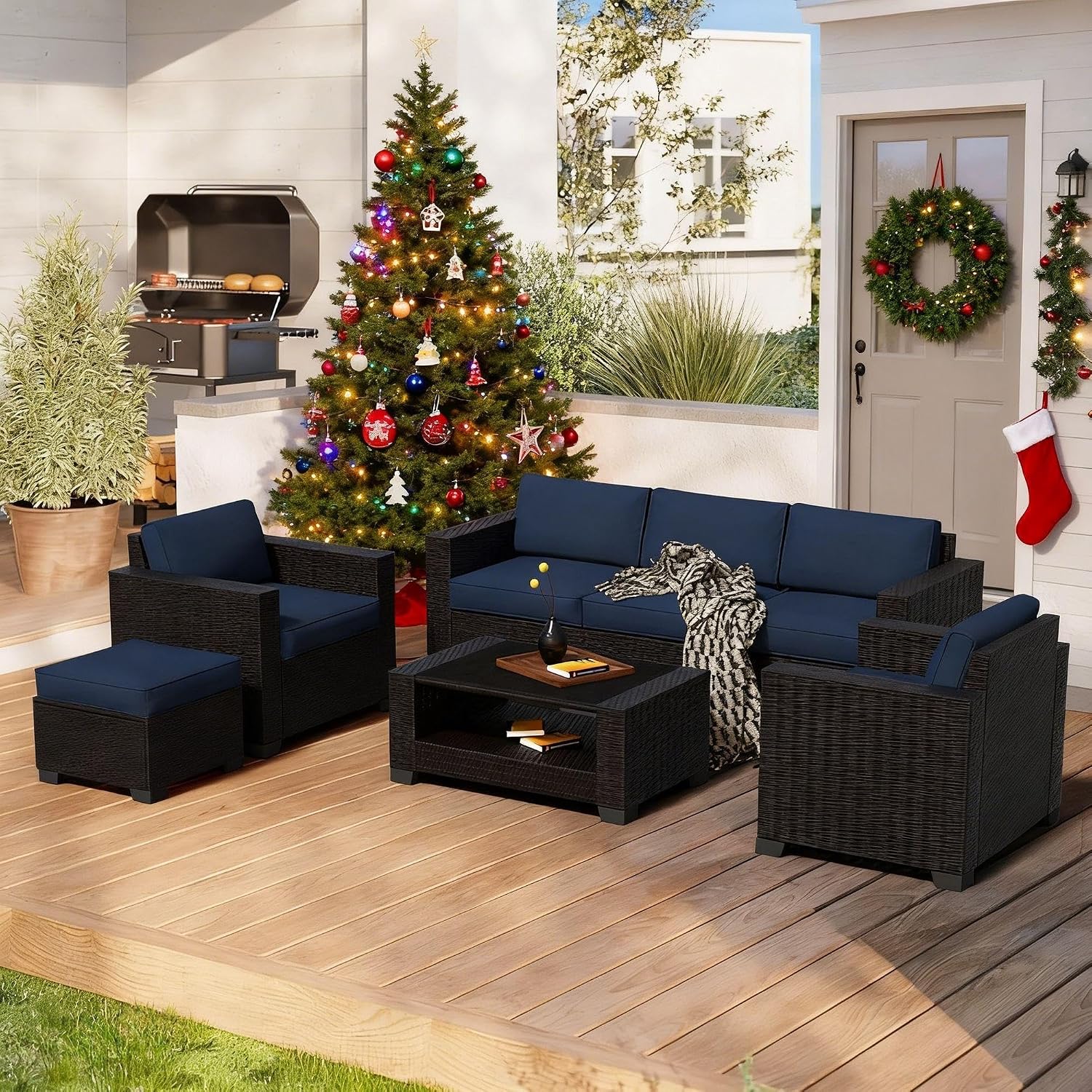 YLGJ&TIDY 7 PCS Outdoor Wicker Furniture Set Sectional Rattan Sofa Couch with Thick Cushions Glass Top Coffee Table Patio Conversation Set for Garden Backyard (Dark Brown Rattan & Dark Blue)