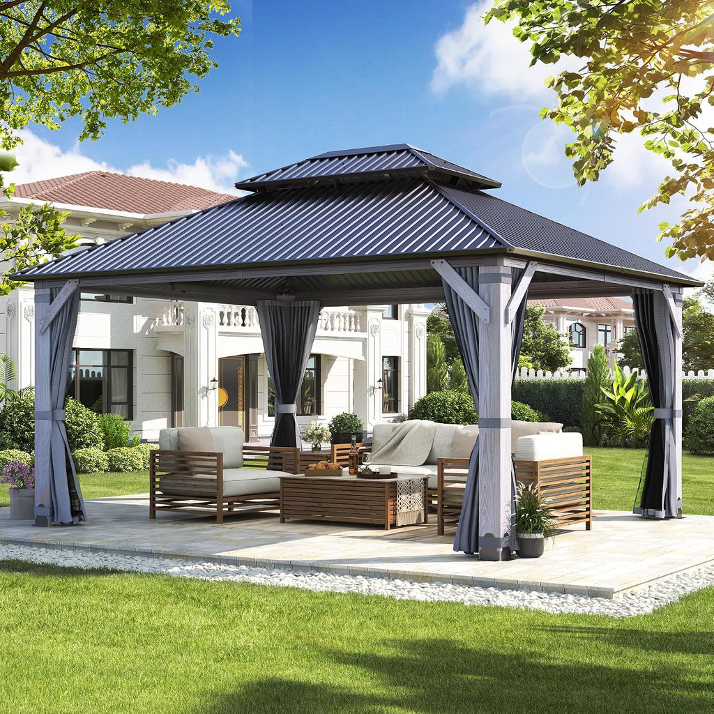 12'x14' Hardtop Wood Gazebo, Outdoor Double Roof Galvanized Steel Top Gazebo with Wooden Post, Curtains & Netting for Backyard, Patio, Deck (12x14 FT)