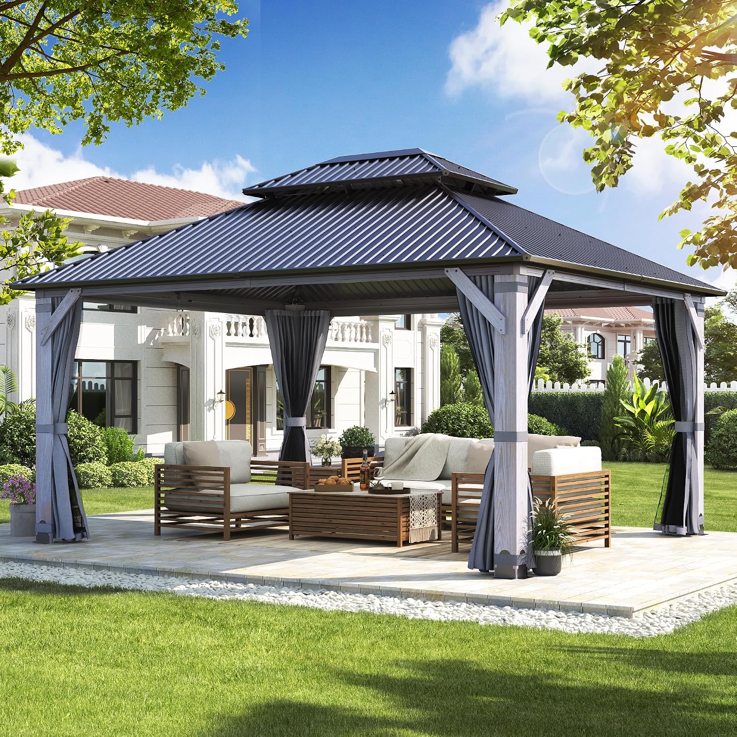 12'x14' Hardtop Wood Gazebo, Outdoor Double Roof Galvanized Steel Top Gazebo with Wooden Post, Curtains & Netting for Backyard, Patio, Deck (12x14 FT)