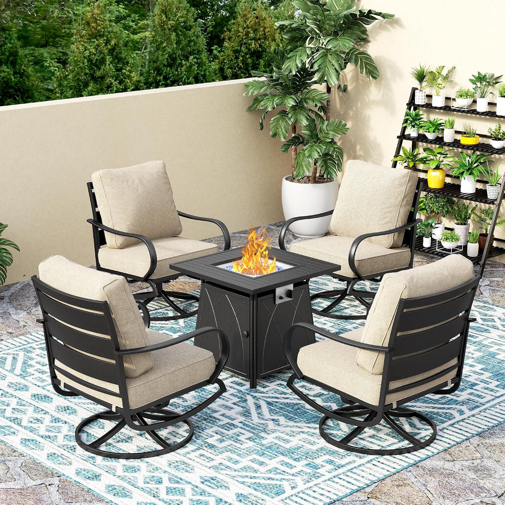 PHI VILLA 5 Piece Patio Furniture Set with 28' Firepit Table, 4 Outdoor 5.75' Cushioned Metal Frame Swivel Sofa Chairs & 28' Gas Firepit Table, Outside Furniture Set for Lawn Garden(Beige)
