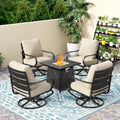 PHI VILLA 5 Piece Patio Furniture Set with 28' Firepit Table, 4 Outdoor 5.75' Cushioned Metal Frame Swivel Sofa Chairs & 28' Gas Firepit Table, Outside Furniture Set for Lawn Garden(Beige)