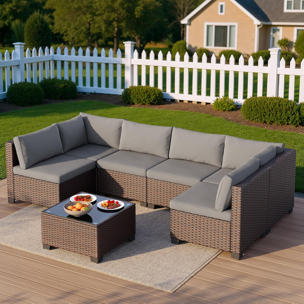Qsun 7 Pieces Outdoor Patio Furniture Set, PE Rattan Outdoor Wicker Sectional Furniture Sofa Set, with Cushions and Glass Coffee Table, for Balcony, Porch, Garden, Grey