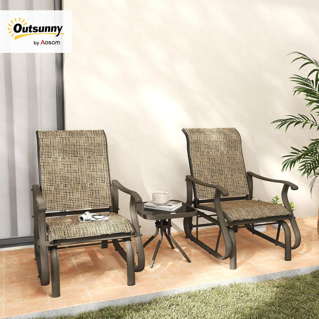 Outsunny 3-Piece Outdoor Gliders Set, Bistro Table and Chairs with Steel Frame, Tempered Glass Top Table for Patio, Garden, Backyard, Lawn, Light Mixed Brown