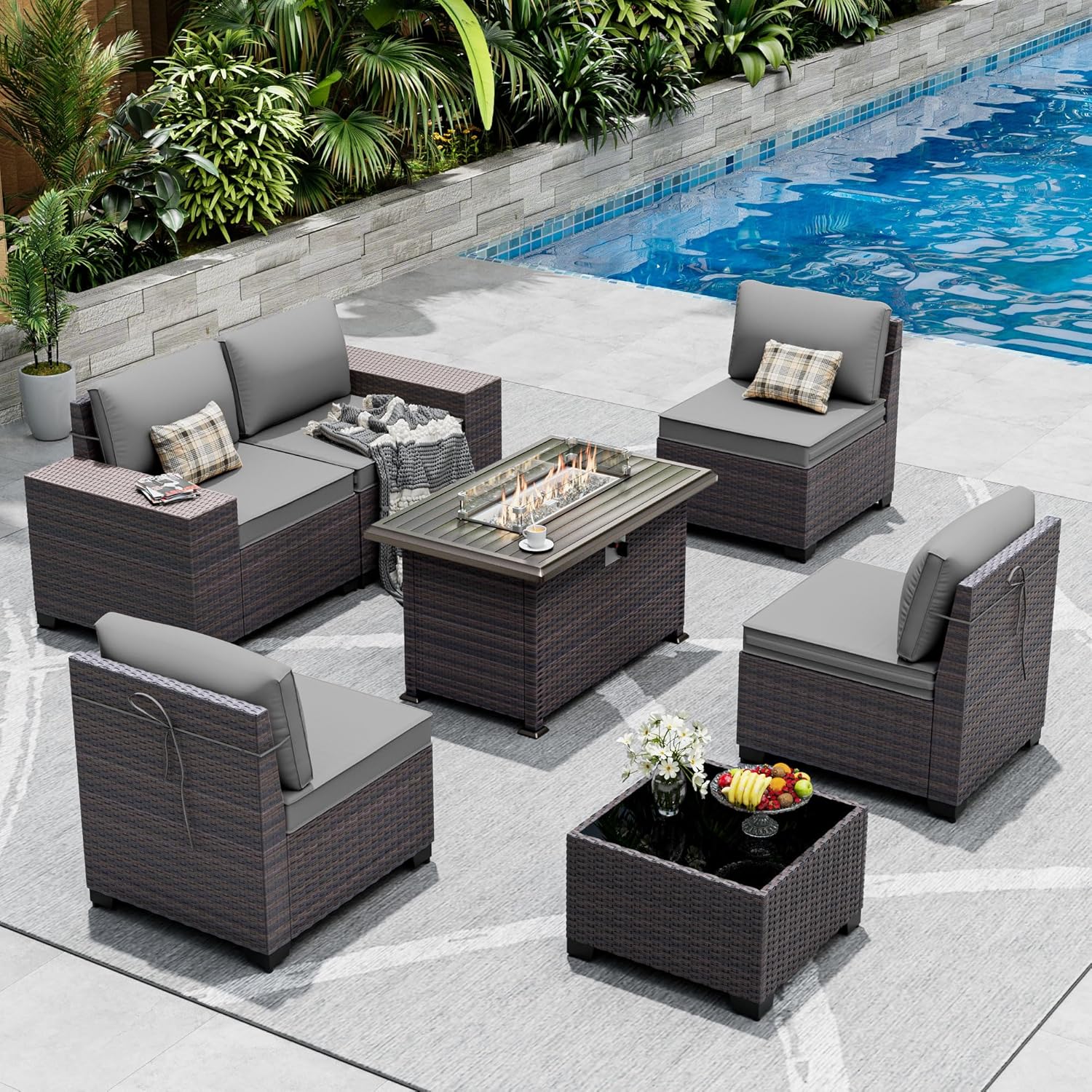 Outdoor Patio Furniture Set with Gas Fire Pit Table, 7 Pieces Patio Furniture Set Outdoor Sectional Sofa w/43in Propane Fire Pit, PE Wicker Rattan Patio Conversation Sets -Grey