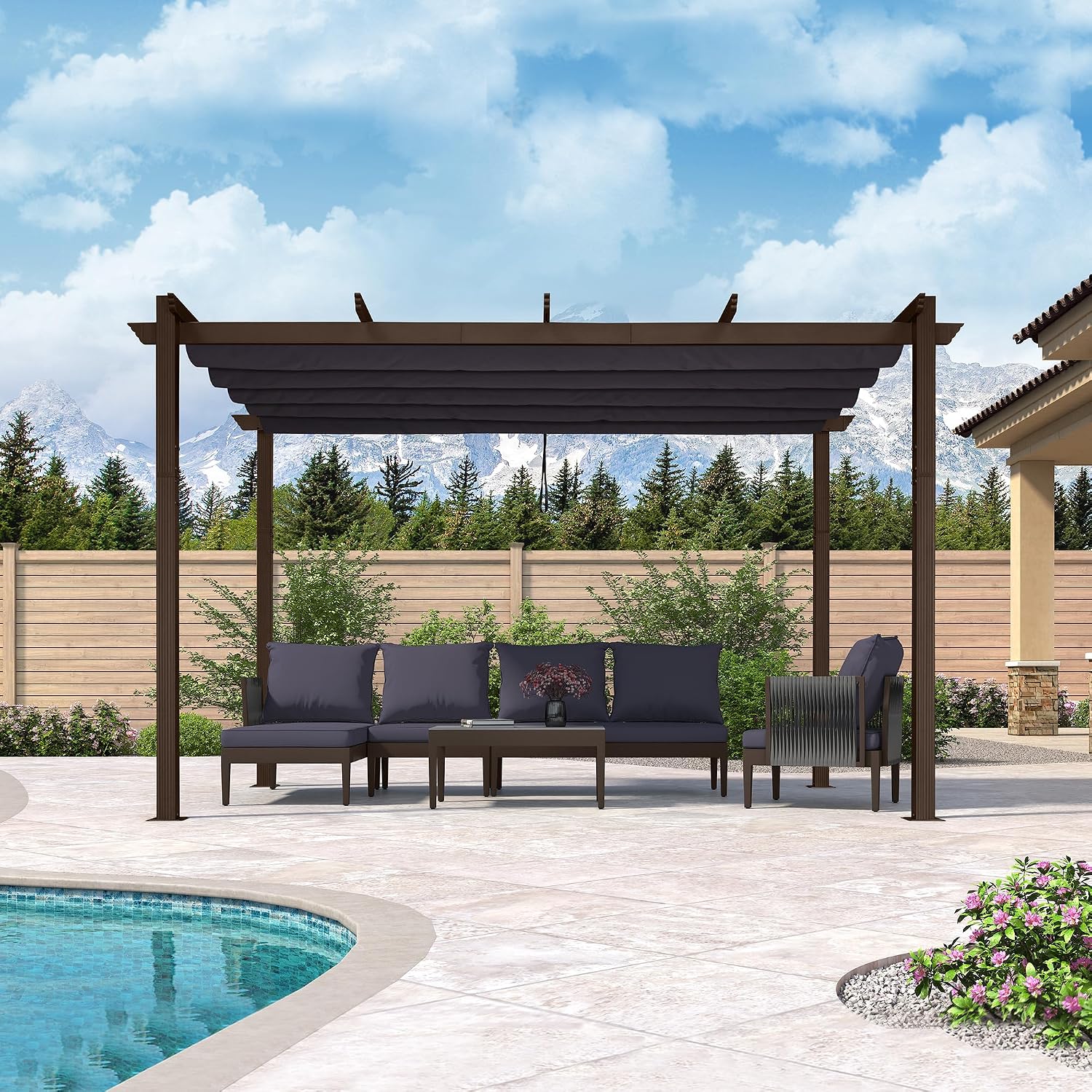 PURPLE LEAF 10' X 13' Retractable Metal Pergola with Canopy and Shade Cover for Garden, Yard, Deck, Beach, Gazebo