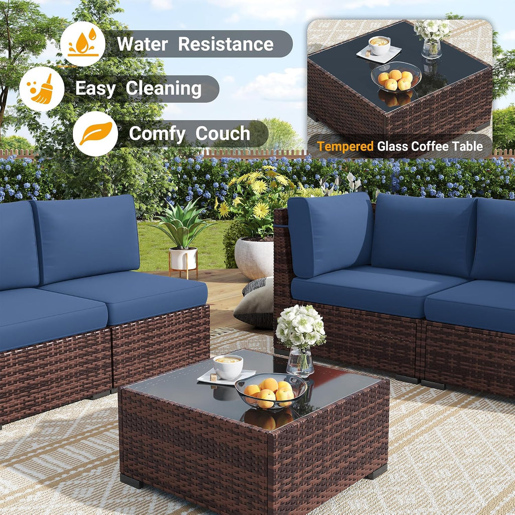 Outdoor Patio Furniture Set with 44' Fire Pit Table 8 Pieces Rattan Patio Sectional Sofa Conversation Set w/55000 BTU Propane Gas Fire Pit, Coffee Table, 2 Waterproof Covers, Blue