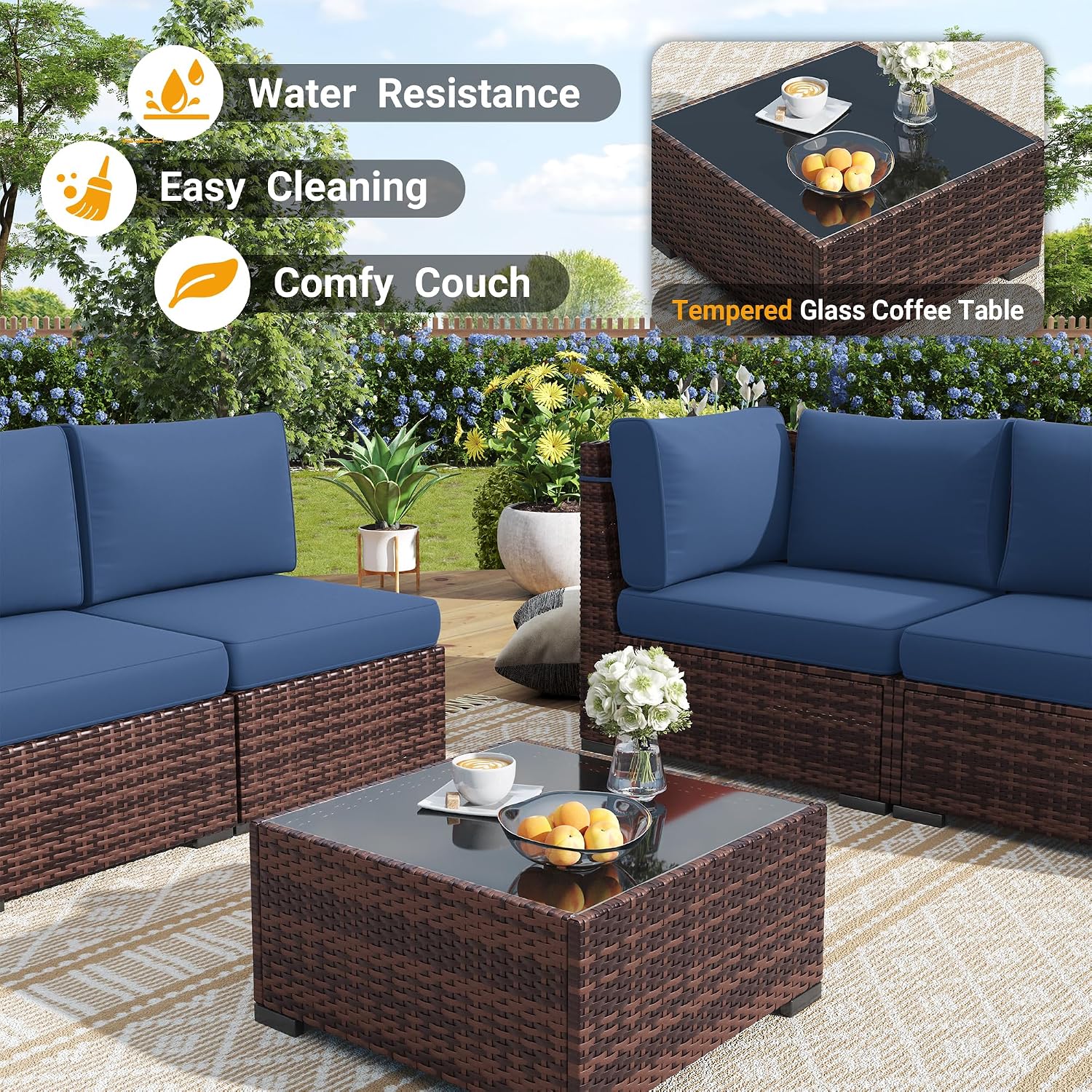 Outdoor Patio Furniture Set with 44' Fire Pit Table 8 Pieces Rattan Patio Sectional Sofa Conversation Set w/55000 BTU Propane Gas Fire Pit, Coffee Table, 2 Waterproof Covers, Blue