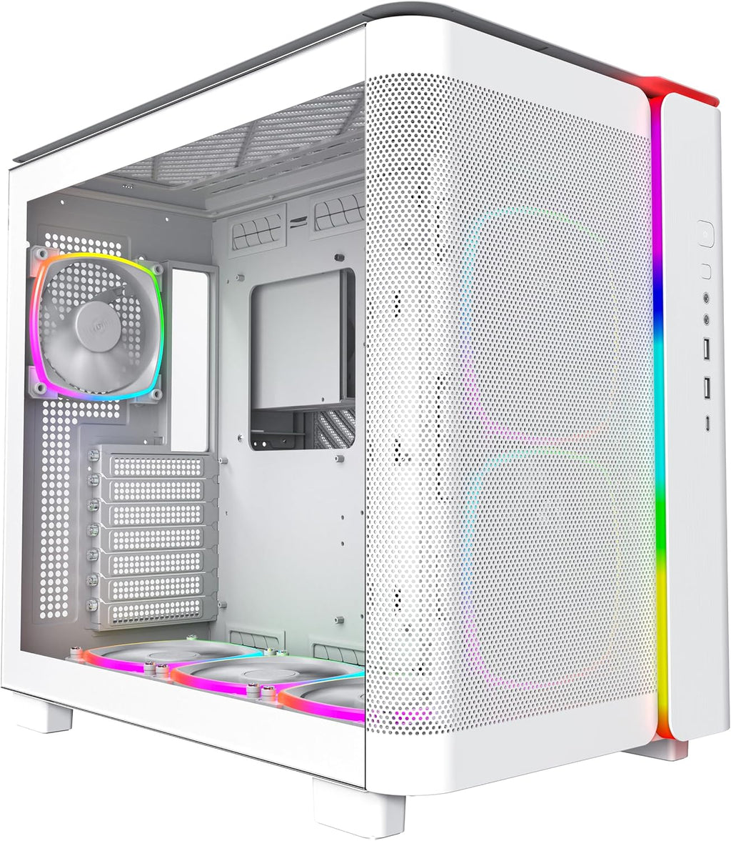 MONTECH King 95 PRO Dual-Chamber ATX Mid-Tower PC Gaming Case, High-Airflow, Toolless Panels, Sturdy Curved Tempered Glass Front, 6 ARGB PWM Fan Pre-Installed with Fan Hub, White