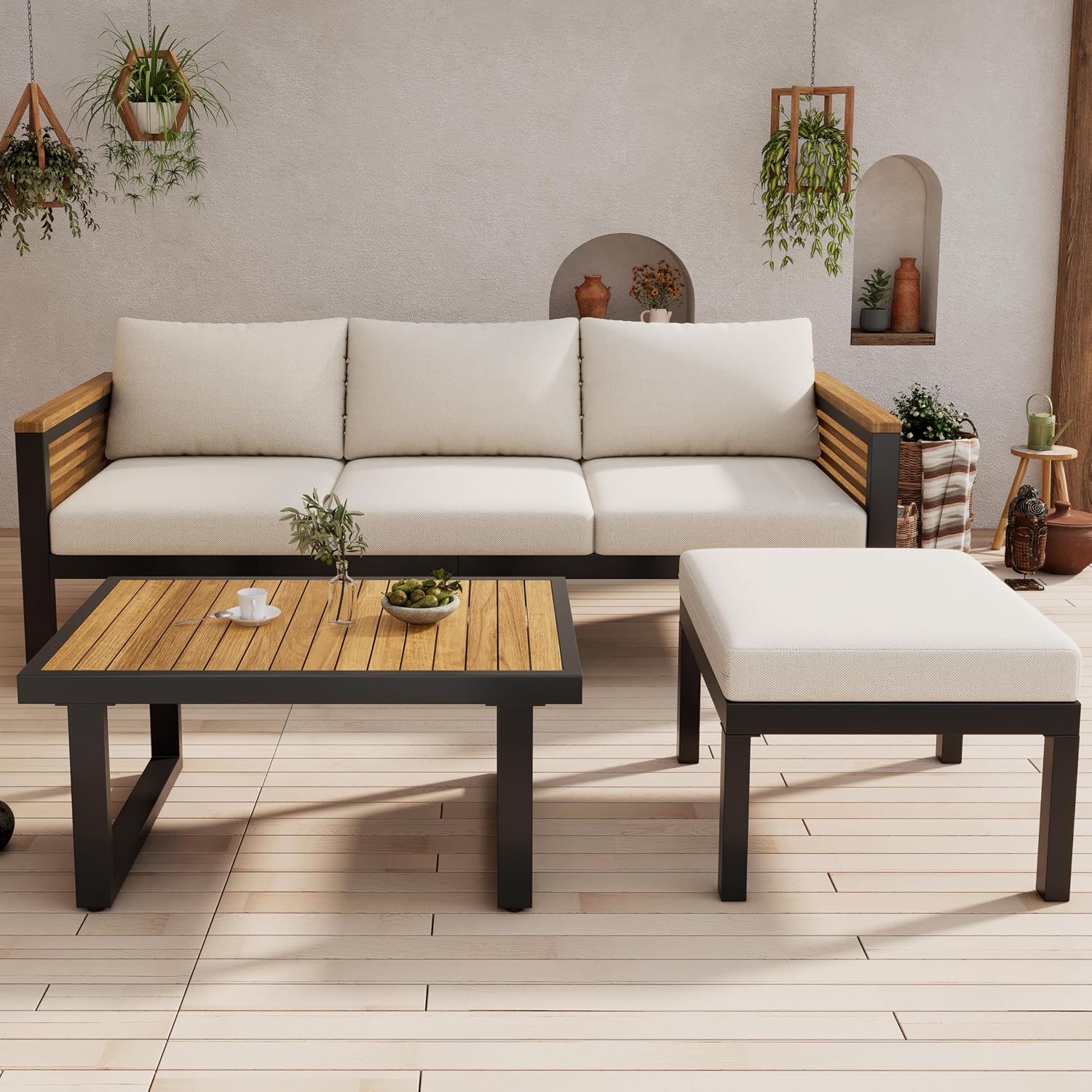 Christopher Knight Home Alvin 3-Piece Acacia Wood Metal Patio Furniture Set, Outdoor Sectional Conversation Sofa Chat Set with Coffee Table and Ottoman for Backyard or Balcony, Teak+Beige+Black