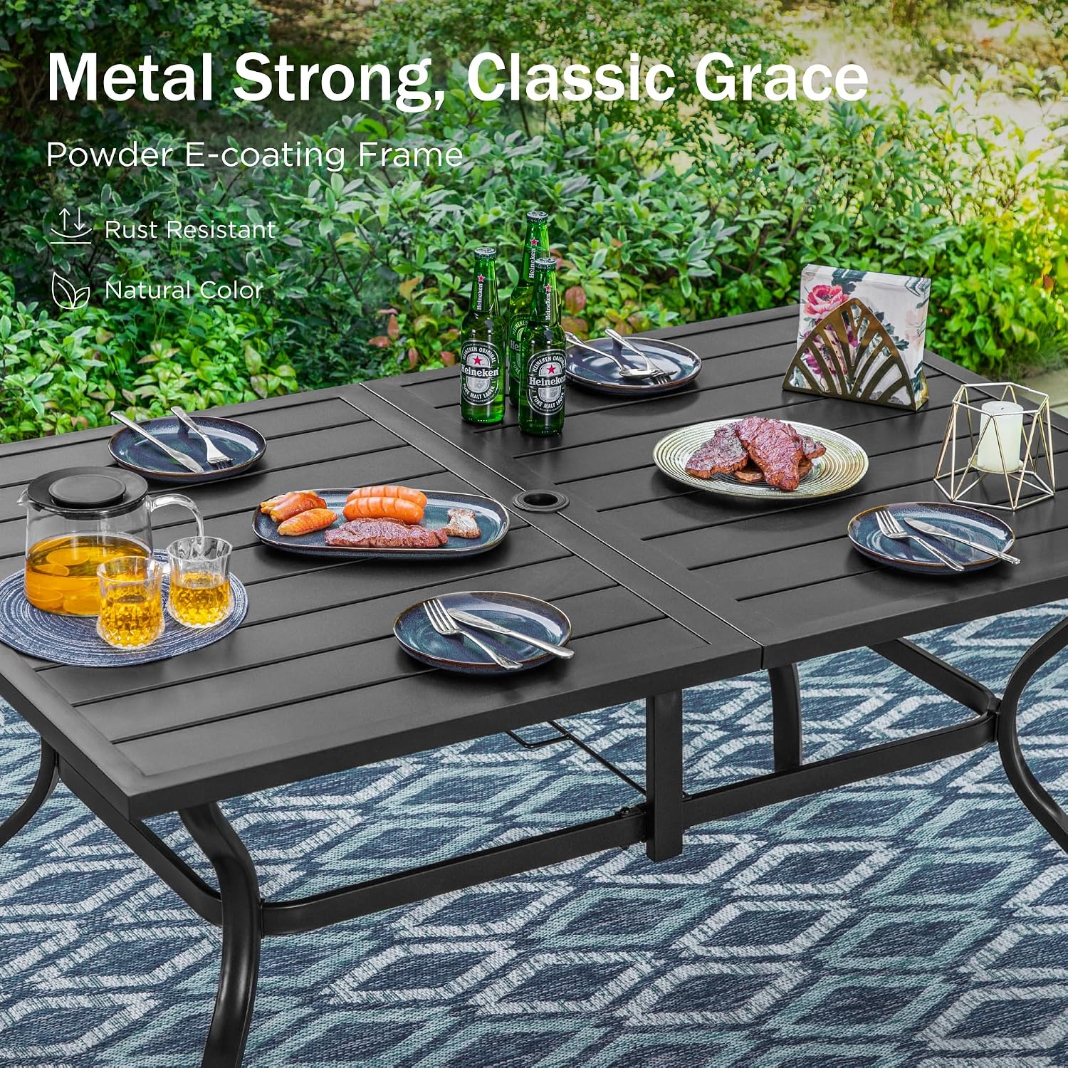 PHI VILLA 7 Piece Patio Dining Furniture Set with Umbrella, Outdoor Table and Chairs for 6, Foldable Patio Dining Chairs (Black) with Adjustable Backrest & Metal Dining Table for Garden, Deck