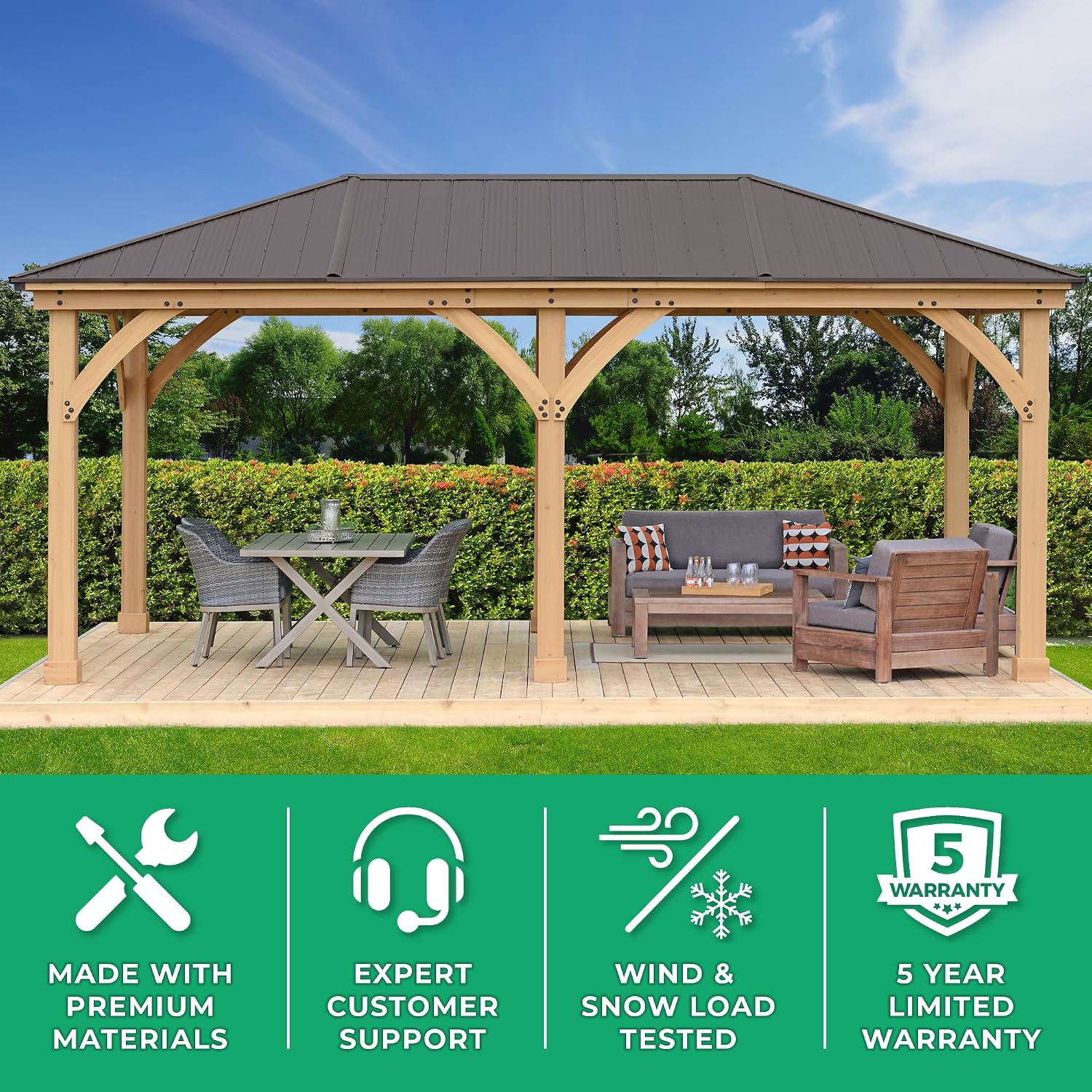 Yardistry 12 x 20 Meridian Cedar Gazebo Pavilion for Patios, Decks, Garden, Backyard, Durable, Aluminum Roof