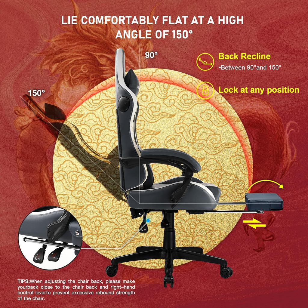 GTPLAYER Gaming Chair with Bluetooth Speakers and Footrest, Dragon Series Video Game Chair, Heavy Duty, Ergonomic, Esports Computer Office Chair,(BLUEGRAY)