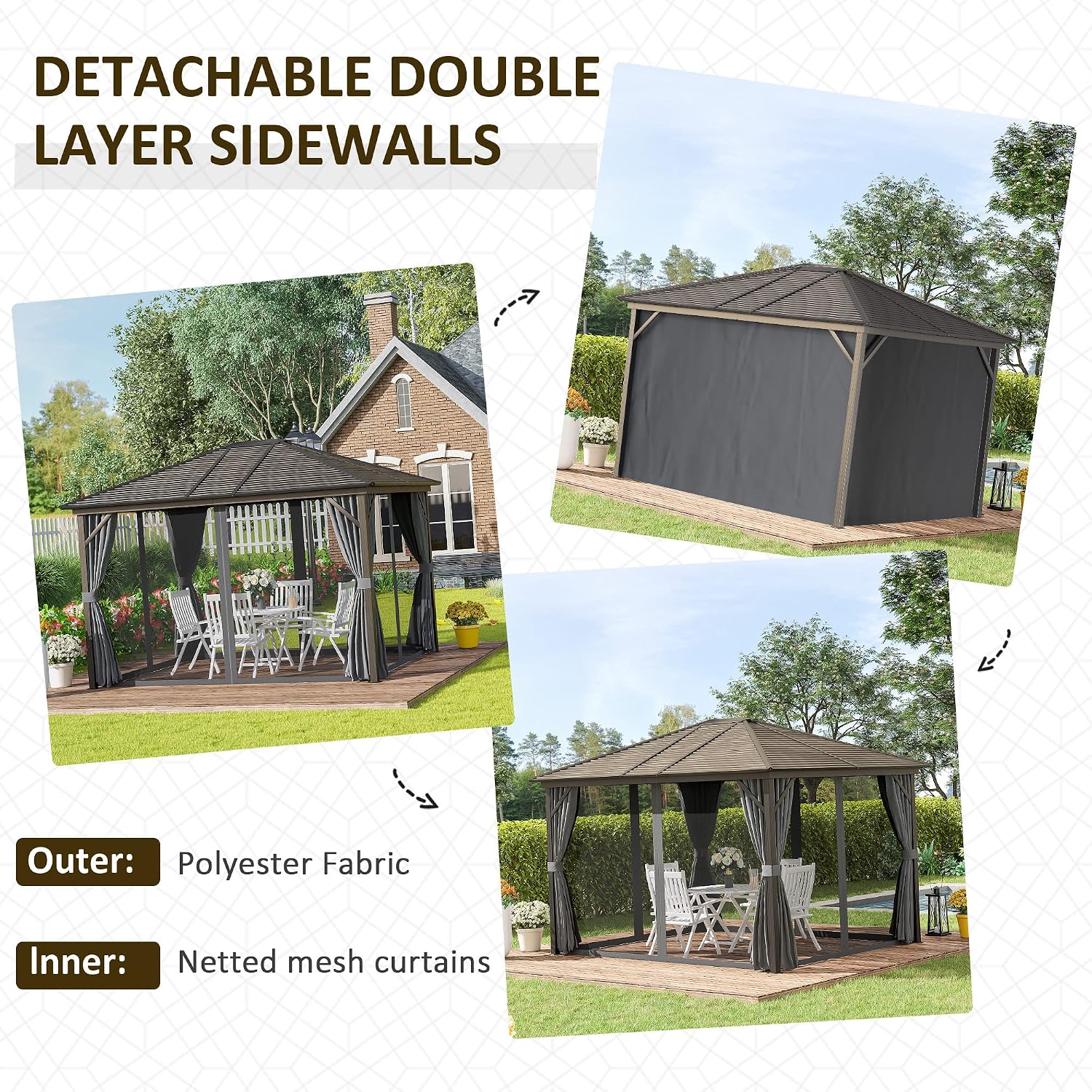 Outsunny 10' x 12' Hardtop Gazebo with Curtains and Netting, Permanent Pavilion Metal Single Roof Gazebo Canopy with Aluminum Frame and Hooks, for Garden, Patio, Backyard, Dark Gray