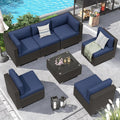 Incbruce Outdoor Patio Furniture Set 7-Piece All-Weather Sectional Sofa Outside Couch, Manual Weaving Wicker Rattan Conversation Set with Glass Top Table and Removable Cushions(Dark Blue)