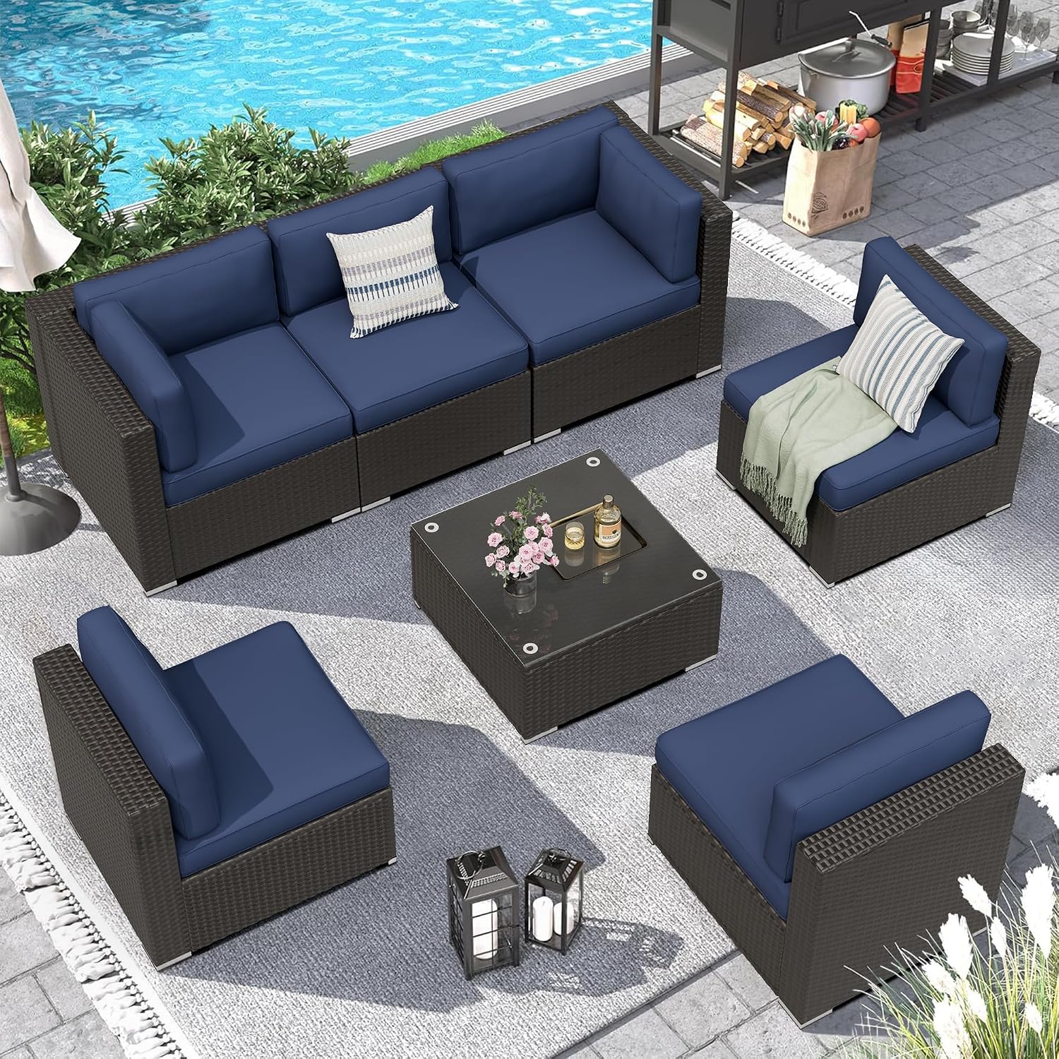 Incbruce Outdoor Patio Furniture Set 7-Piece All-Weather Sectional Sofa Outside Couch, Manual Weaving Wicker Rattan Conversation Set with Glass Top Table and Removable Cushions(Dark Blue)