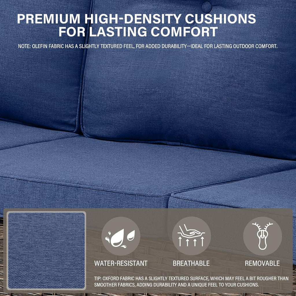 Belord Wicker Outdoor Furniture Set - 7 Piece Patio Conversation Sets with Comfort Swivel Rocker Glider Patio Chairs Set of 2 and Rattan Sofa,Tempered Glass Coffee Table and Side Table,Brown/Blue