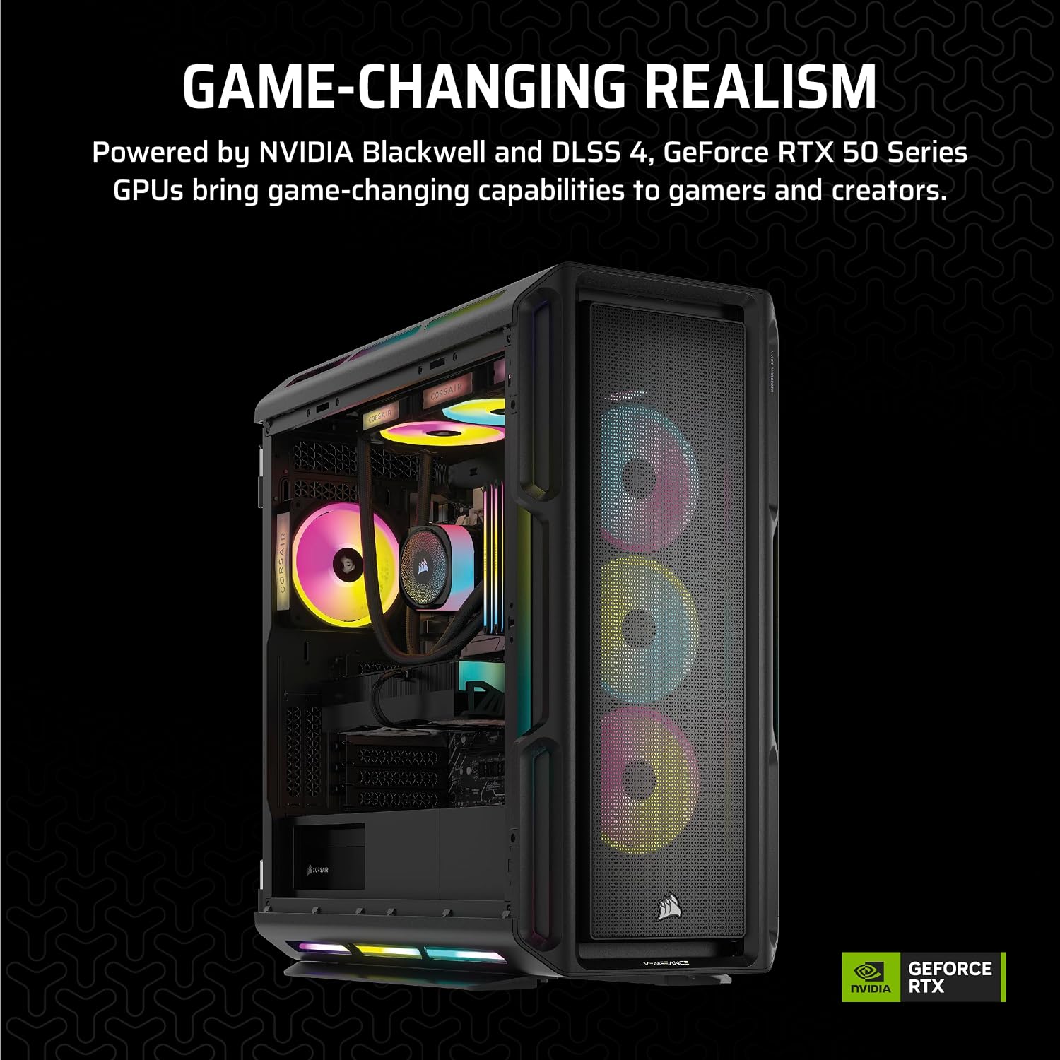 Corsair Vengeance i8300 Gaming PC – Liquid Cooled Intel® Core™ Ultra 9 285K, NVIDIA® GeForce RTX™ 5090 GPU, 64GB Dominator Titanium RGB DDR5 Memory, 2+4TB M.2 SSD – Black