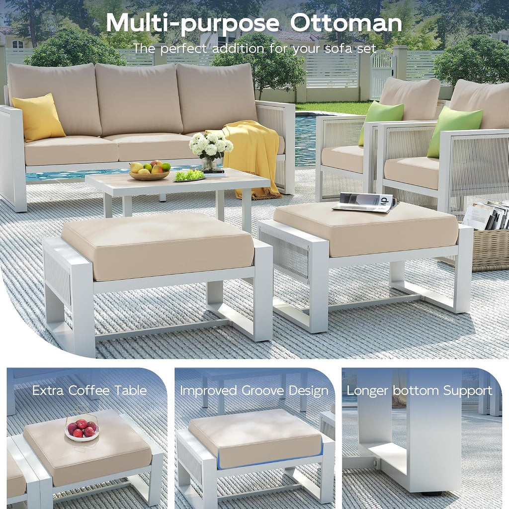 Amopatio Aluminum Patio Furniture Set with Ottoman, 5 Piece Modern Aluminum Outdoor Furniture, with 5' Beige Thickend Cushions, for Garden, Porch, Balcony, Light Grey Frame