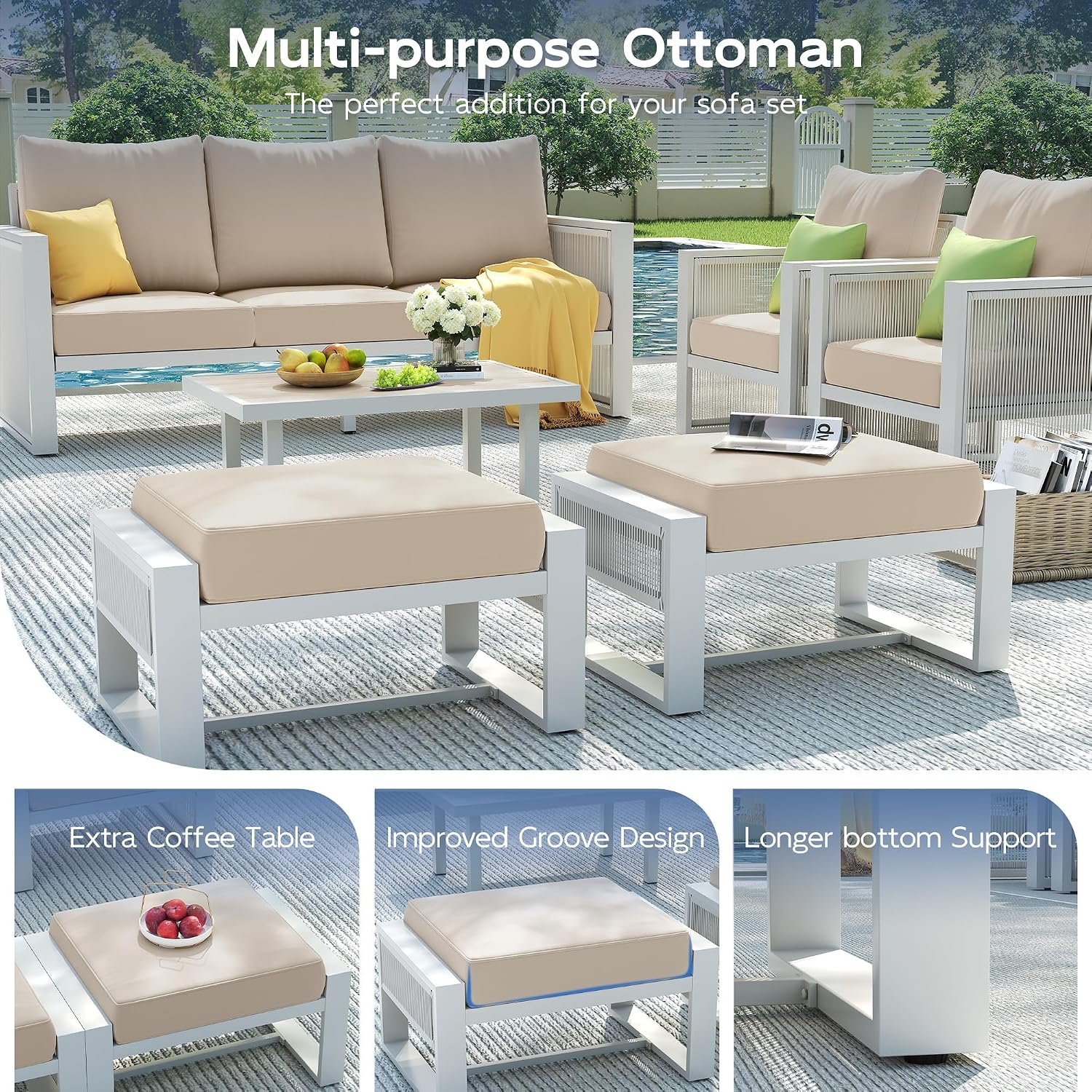 Amopatio Aluminum Patio Furniture Set with Ottoman, 5 Piece Modern Aluminum Outdoor Furniture, with 5' Beige Thickend Cushions, for Garden, Porch, Balcony, Light Grey Frame
