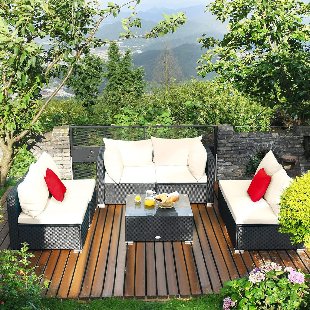 Tangkula 7-Piece Patio Furniture Set, Outdoor Sectional Sofa w/Pillows & Cushions, Wicker Conversation Set with Coffee Table & Tea Table for Garden & Lawn (Beige)