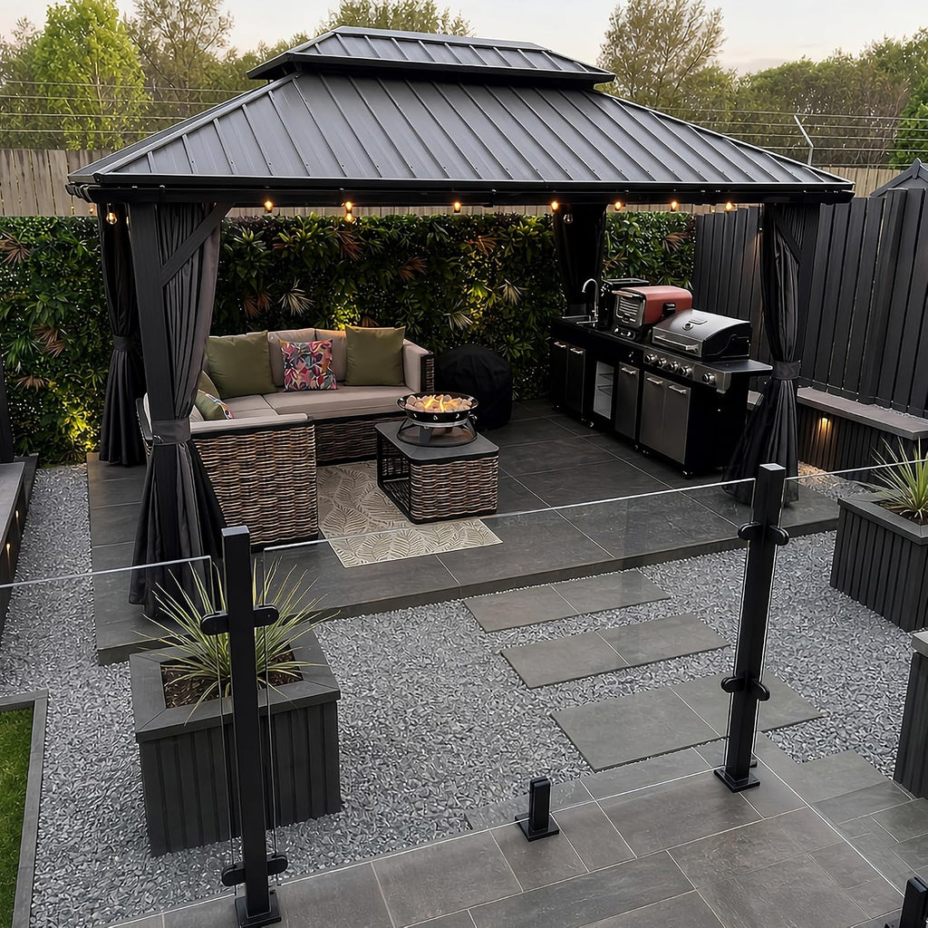 PURPLE LEAF 10' X 14' Outdoor Gazebo with Dual-Layer Galvanized Steel Double Roof for Patio Lawn Garden Aluminum Gazebo with Netting and Curtains Grey