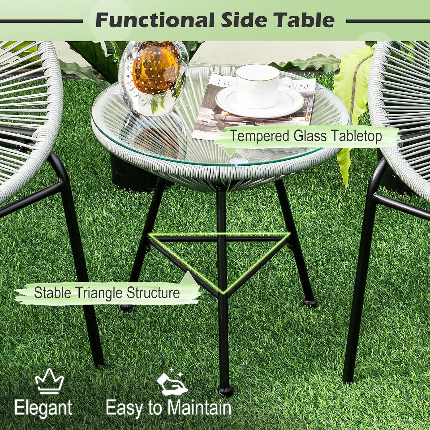 Tangkula 3 Piece Outdoor Patio Furniture Set, Acapulco Chair Set w/Plastic Rope, Tempered Glass Table, All Weather Patio Bistro Set for Patio, Lawn, Garden, Backyard (Grey)