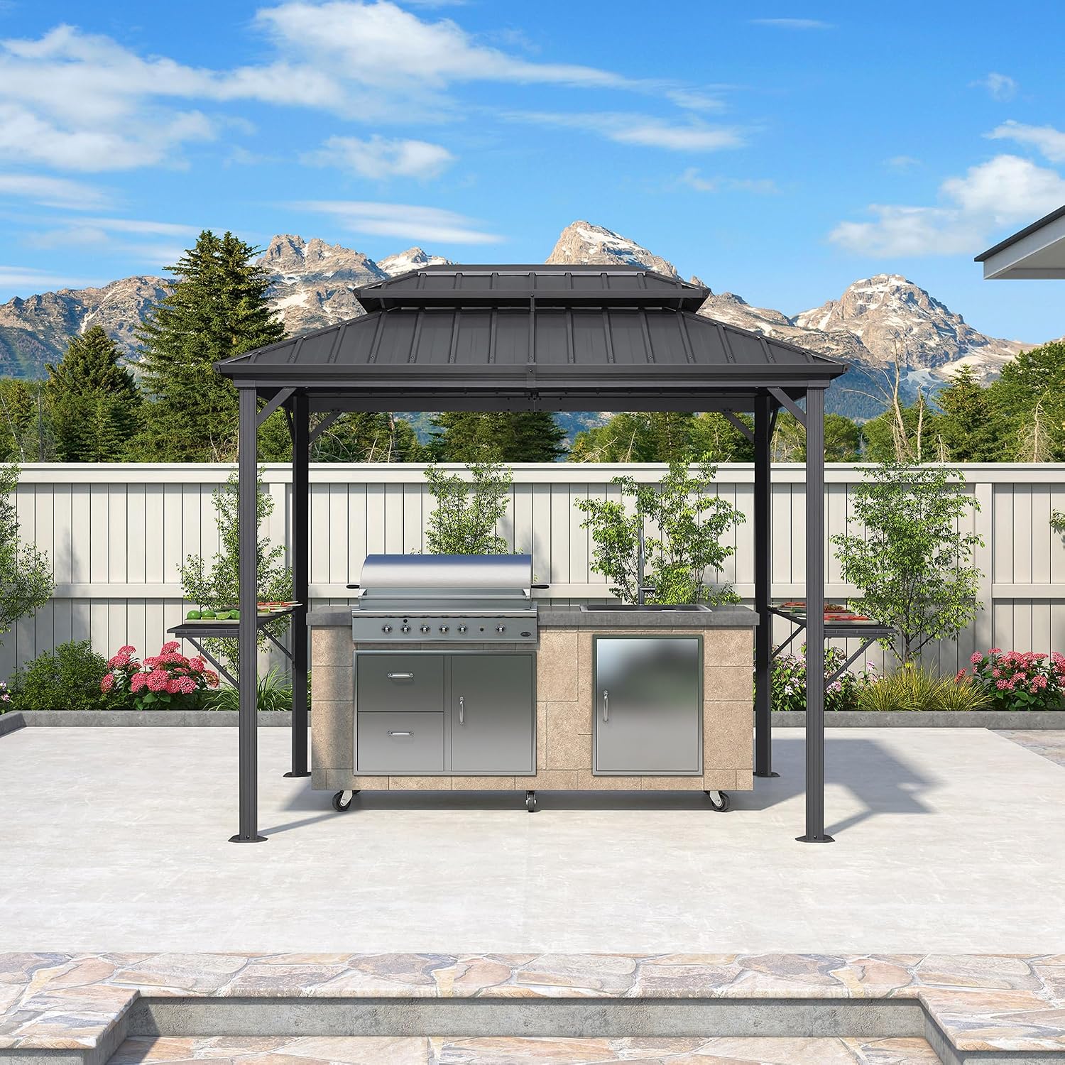 PURPLE LEAF 6' X 9' Hardtop Grill Gazebo Permanent Aluminum Frame Double Metal Roof with Ceiling Hook and Shelves Sun Shade BBQ Canopy for Patio Barbecue Outdoor Kitchen Grey