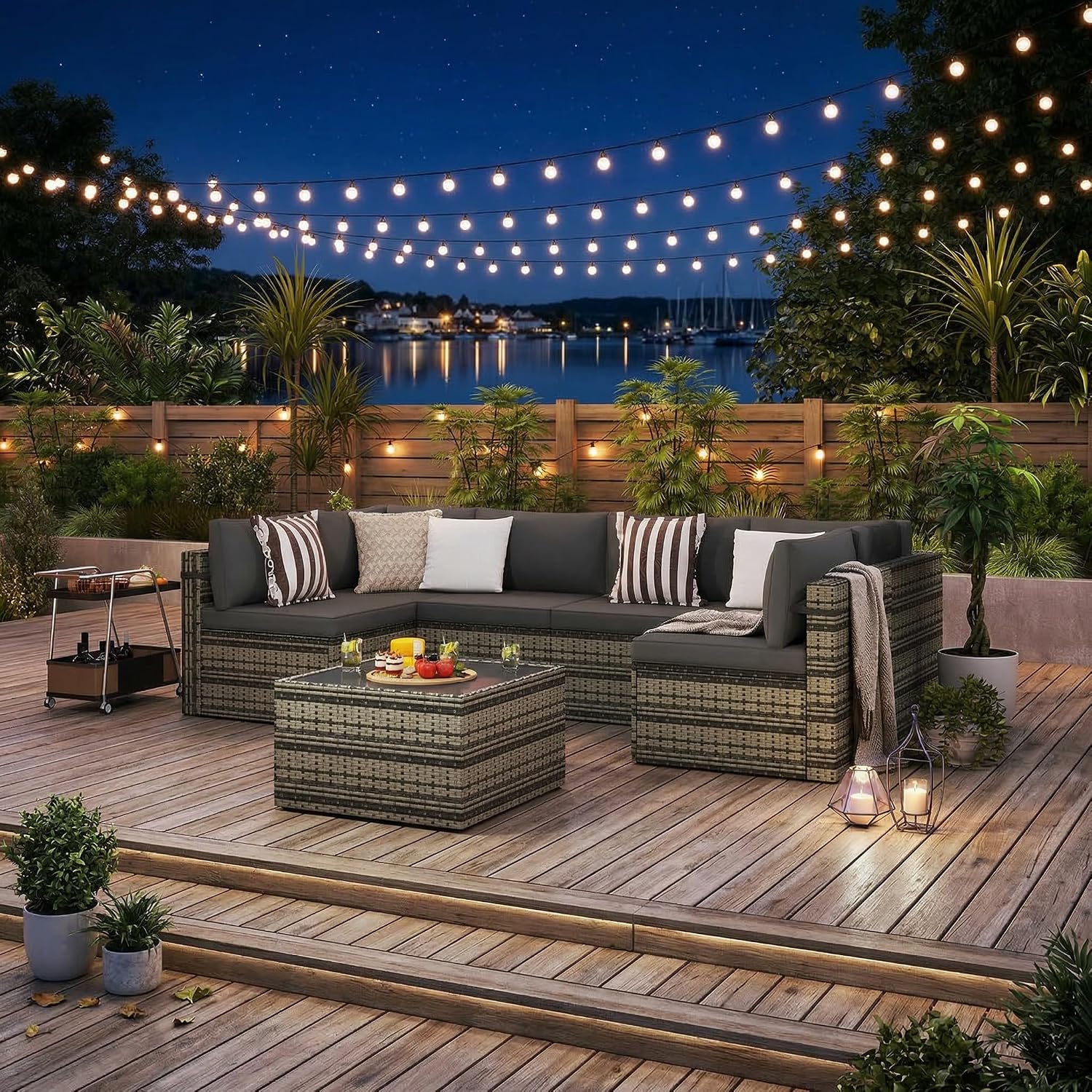 Pamapic 7 Piece Outdoor Sectional Sofa Set, All-Weather Patio Furniture with Washable Cushions, Waterproof Gray Rattan Wicker Conversation Set for Backyard, Poolside, Garden (Black Cushions)