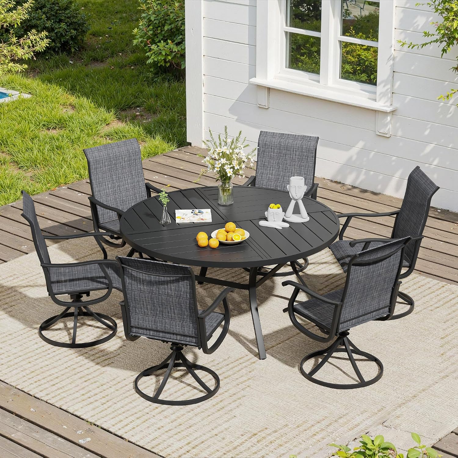 VICLLAX 7 Pieces Patio Dining Set, Patio Furniture Set of 6 Patio Swivel Dining Chairs and 50' Patio Spliced Round Tabletop, Dark Charcoal Chairs & Black Tabletop