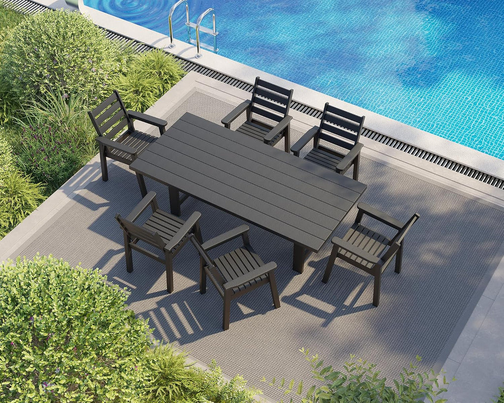 AMERLIFE 7-Piece HDPE Outdoor Dining Table Set with 6 Chairs, 71' L Patio Dining Furniture Set with Umbrella Hole, Modern Dinner Table & Chairs Set for Garden, Backyard, Poolside, Black