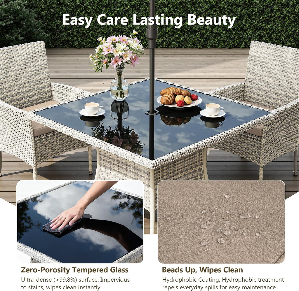 Outdoor Dining Set, 10-Piece Patio Furniture Set with Tempered Glass Table and 8 Cushioned Chairs, Dual-Strand Wicker Rattan, Balcony Furniture for Backyard, Garden, Deck,– Beige